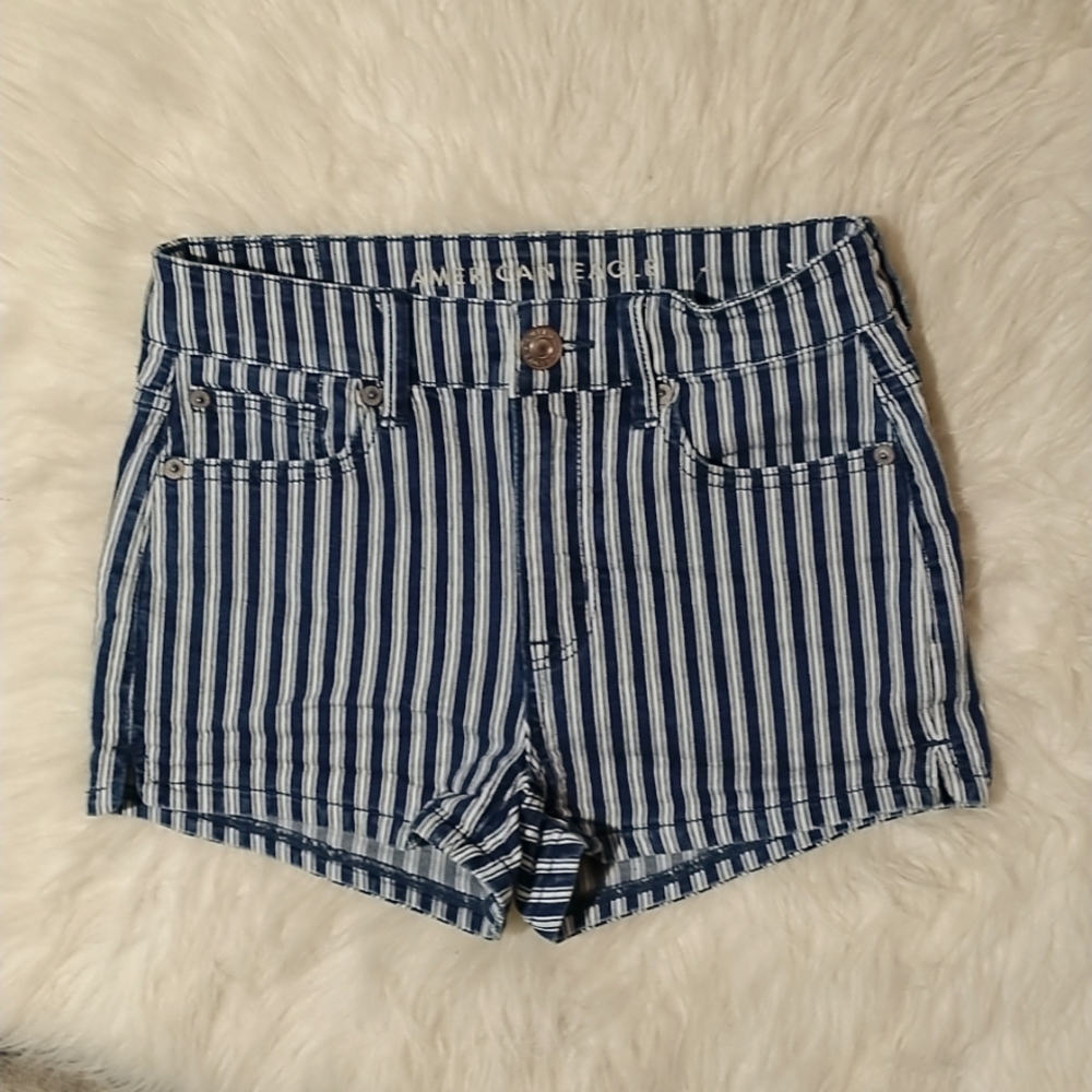 American Eagle Outfitters Navy and White Striped High-Rise Denim Shorts